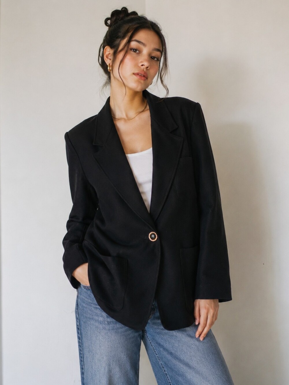 VTG Librarian Chic Evan-Picone Wool Black Single Button Blazer Jacket USA Made